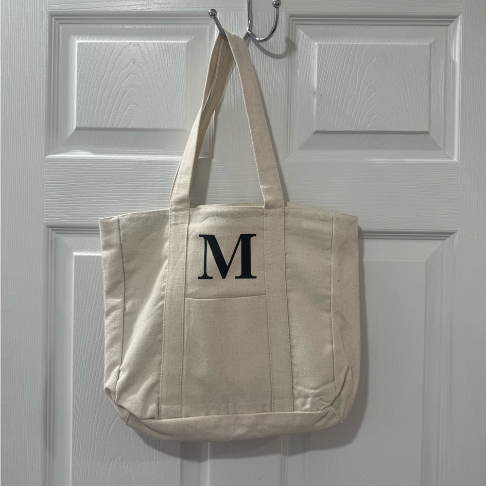 Monogram 'M' Canvas Tote Bag in Neutral Cream